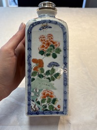 A Chinese famille verte square flask with a silver cover, Kangxi
