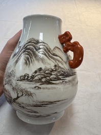 A pair of small Chinese grisaille 'hu' vases with winter landscapes, Qianlong and Tangying marks, Republic