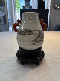 A pair of small Chinese grisaille 'hu' vases with winter landscapes, Qianlong and Tangying marks, Republic