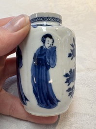 A pair of Chinese blue and white 'Long Eliza' miniature vases and wooden covers, Kangxi