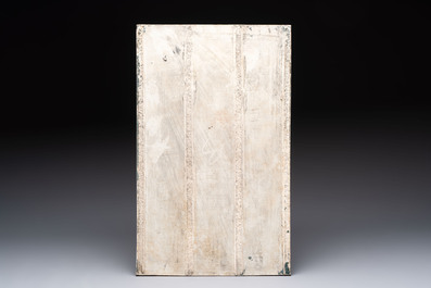 A Chinese famille rose 'immortals' vase on wooden stand and a plaque, Qianlong mark, 20th C.
