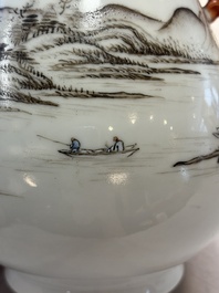 A pair of small Chinese grisaille 'hu' vases with winter landscapes, Qianlong and Tangying marks, Republic