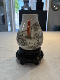 A pair of small Chinese grisaille 'hu' vases with winter landscapes, Qianlong and Tangying marks, Republic