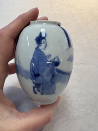 A Chinese blue and white 'ladies playing go' tea caddy and cover, Kangxi