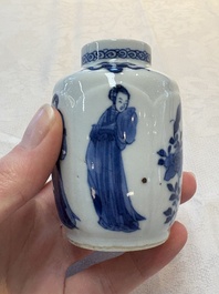 A pair of Chinese blue and white 'Long Eliza' miniature vases and wooden covers, Kangxi