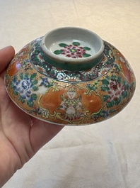 A rare Chinese polychrome orange-ground Bencharong 'Thepphanom' bowl and cover for the Thai market, 19th C.