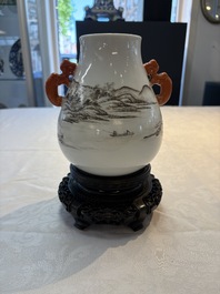 A pair of small Chinese grisaille 'hu' vases with winter landscapes, Qianlong and Tangying marks, Republic