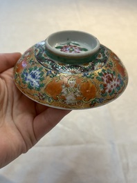A rare Chinese polychrome orange-ground Bencharong 'Thepphanom' bowl and cover for the Thai market, 19th C.