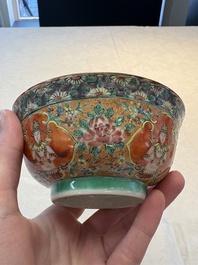 A rare Chinese polychrome orange-ground Bencharong 'Thepphanom' bowl and cover for the Thai market, 19th C.