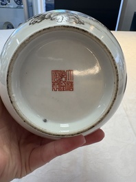 A pair of small Chinese grisaille 'hu' vases with winter landscapes, Qianlong and Tangying marks, Republic