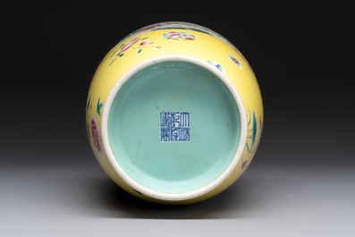 A Chinese famille rose yellow-ground sgraffiato vase, Qianlong mark, Republic