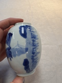 A Chinese blue and white 'ladies playing go' tea caddy and cover, Kangxi