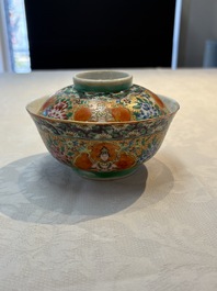 A rare Chinese polychrome orange-ground Bencharong 'Thepphanom' bowl and cover for the Thai market, 19th C.