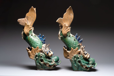 A pair of large Chinese polychrome-glazed fish-form roof tiles, 19th C.