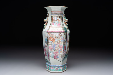 A Chinese Canton famille rose hexagonal vase with narrative design, 19th C.