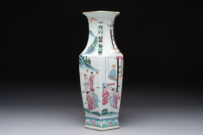 A Chinese Canton famille rose hexagonal vase with narrative design, 19th C.
