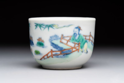 A Chinese doucai 'Zhou Dunyi 周敦颐' cup on wooden stand, Xianfeng mark and of the period