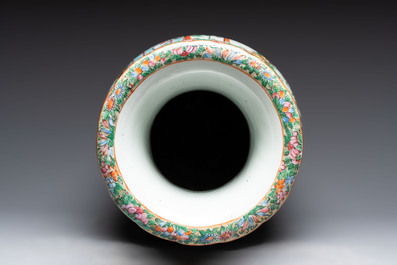 A Chinese famille rose vase and two Canton famille rose vases, 19/20th C.