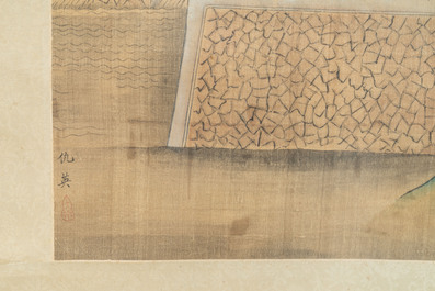 In the manner of Qiu Ying 仇英 (1494-1552): 'Mountainous landscape', ink and colour on silk, 19/20th C.