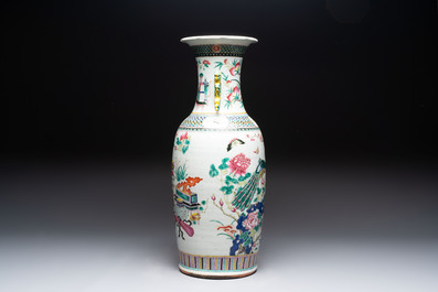 A Chinese famille rose vase and two Canton famille rose vases, 19/20th C.