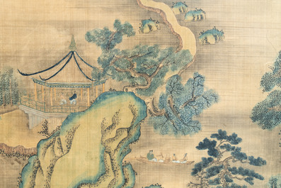 In the manner of Qiu Ying 仇英 (1494-1552): 'Mountainous landscape', ink and colour on silk, 19/20th C.