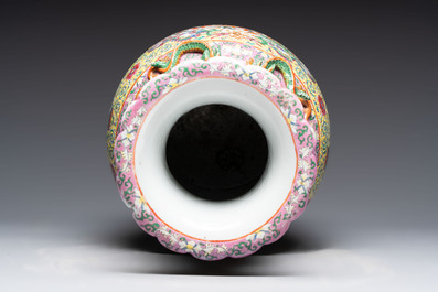 A Chinese famille rose vase and two Canton famille rose vases, 19/20th C.
