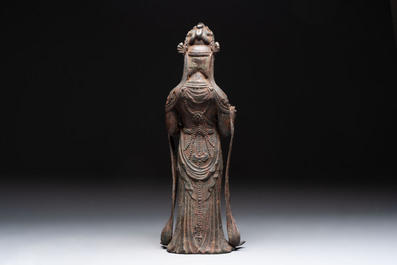 A fine and large Chinese bronze standing Buddha, Liao/Jin