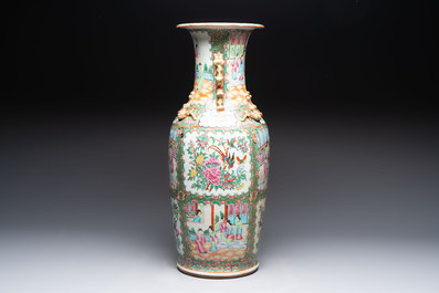 A Chinese famille rose vase and two Canton famille rose vases, 19/20th C.