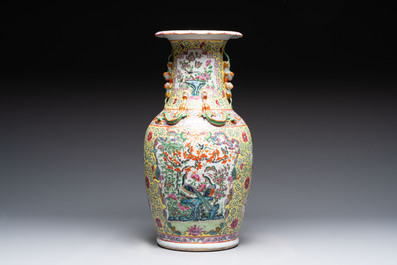 A Chinese famille rose vase and two Canton famille rose vases, 19/20th C.