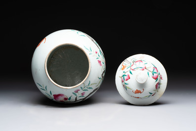 A Chinese famille rose 'nine peaches' vase and cover, 19th C.