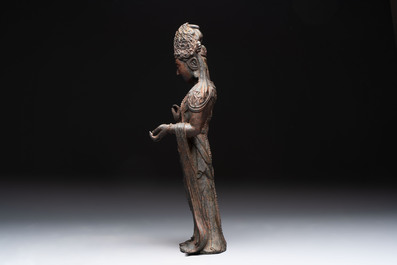 A fine and large Chinese bronze standing Buddha, Liao/Jin