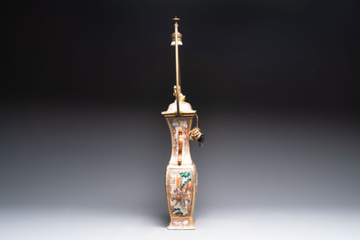 A Chinese Canton gilt famille rose covered vase with mandarin design, mounted as a lamp, Qianlong