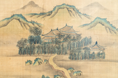 In the manner of Qiu Ying 仇英 (1494-1552): 'Mountainous landscape', ink and colour on silk, 19/20th C.