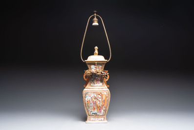 A Chinese Canton gilt famille rose covered vase with mandarin design, mounted as a lamp, Qianlong
