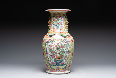 A Chinese famille rose vase and two Canton famille rose vases, 19/20th C.