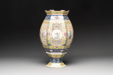 A Chinese famille rose yellow-ground hexagonal lantern and stand, Republic