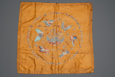 A Chinese mandarin official's court hat, an embroidered silk 'phoenix' panel and a skirt, 19th C.