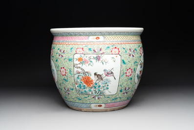 A Chinese famille rose lime-green-ground jardini&egrave;re with birds, flowers and antiquities, 19th C.