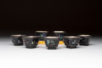 Seven Chinese silver-lined laque burgaut&eacute; wine cups and two stands, Kangxi
