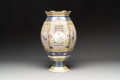 A Chinese famille rose yellow-ground hexagonal lantern and stand, Republic