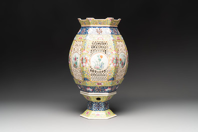 A Chinese famille rose yellow-ground hexagonal lantern and stand, Republic