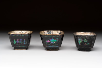 Seven Chinese silver-lined laque burgaut&eacute; wine cups and two stands, Kangxi