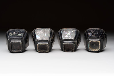 Seven Chinese silver-lined laque burgaut&eacute; wine cups and two stands, Kangxi