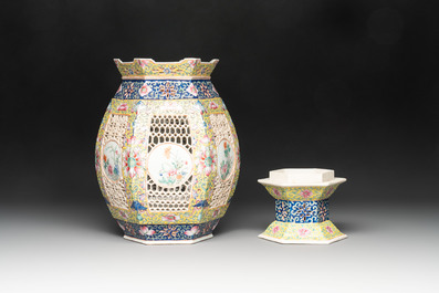 A Chinese famille rose yellow-ground hexagonal lantern and stand, Republic