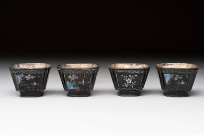 Seven Chinese silver-lined laque burgaut&eacute; wine cups and two stands, Kangxi
