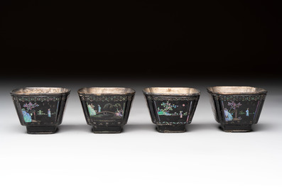 Seven Chinese silver-lined laque burgaut&eacute; wine cups and two stands, Kangxi