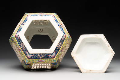 A Chinese famille rose yellow-ground hexagonal lantern and stand, Republic
