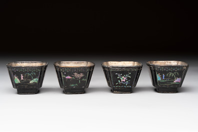 Seven Chinese silver-lined laque burgaut&eacute; wine cups and two stands, Kangxi