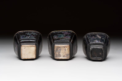 Seven Chinese silver-lined laque burgaut&eacute; wine cups and two stands, Kangxi