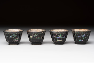Seven Chinese silver-lined laque burgaut&eacute; wine cups and two stands, Kangxi